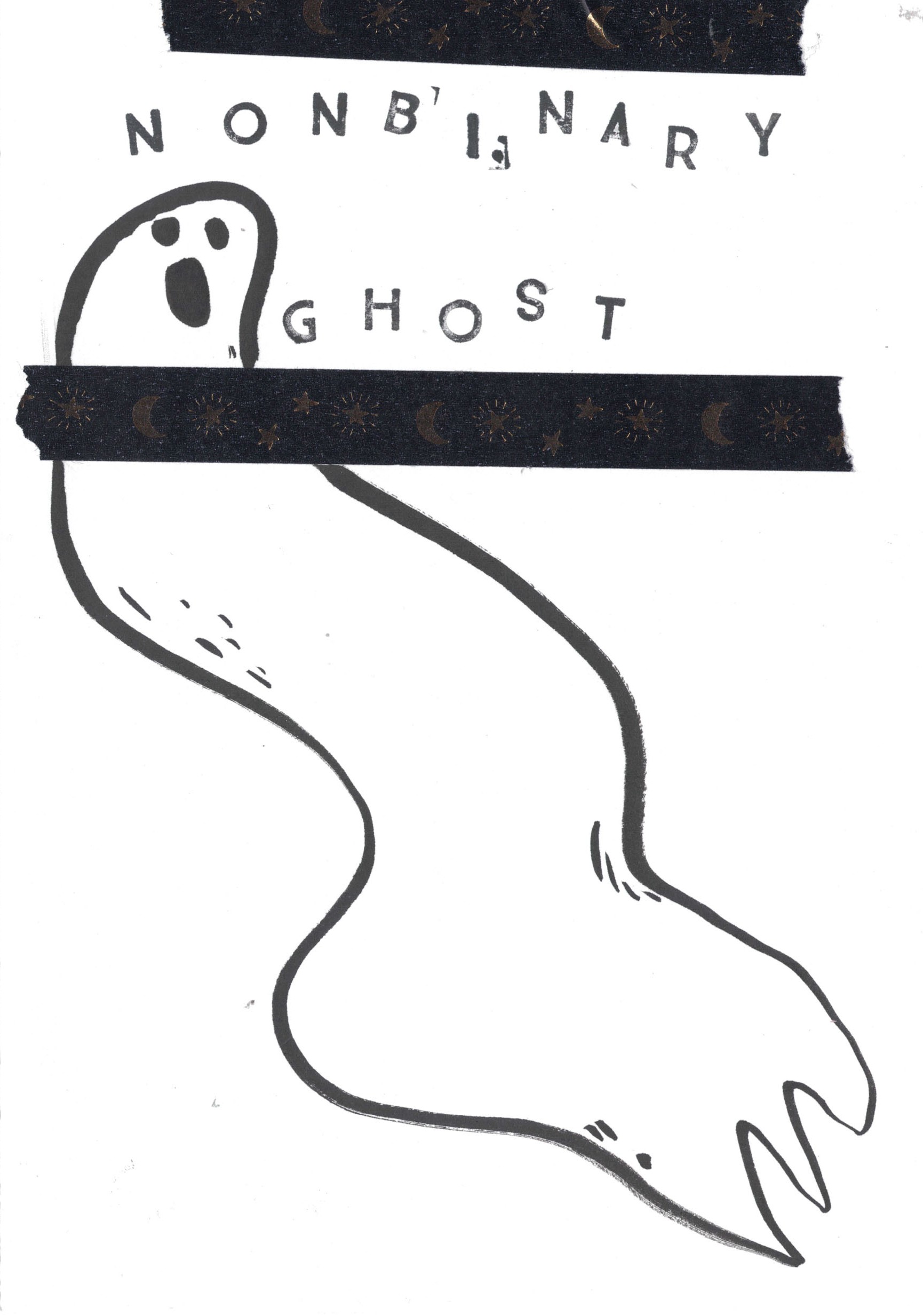 couverture du zine non binary ghost. un fantôme dessiné au feutre